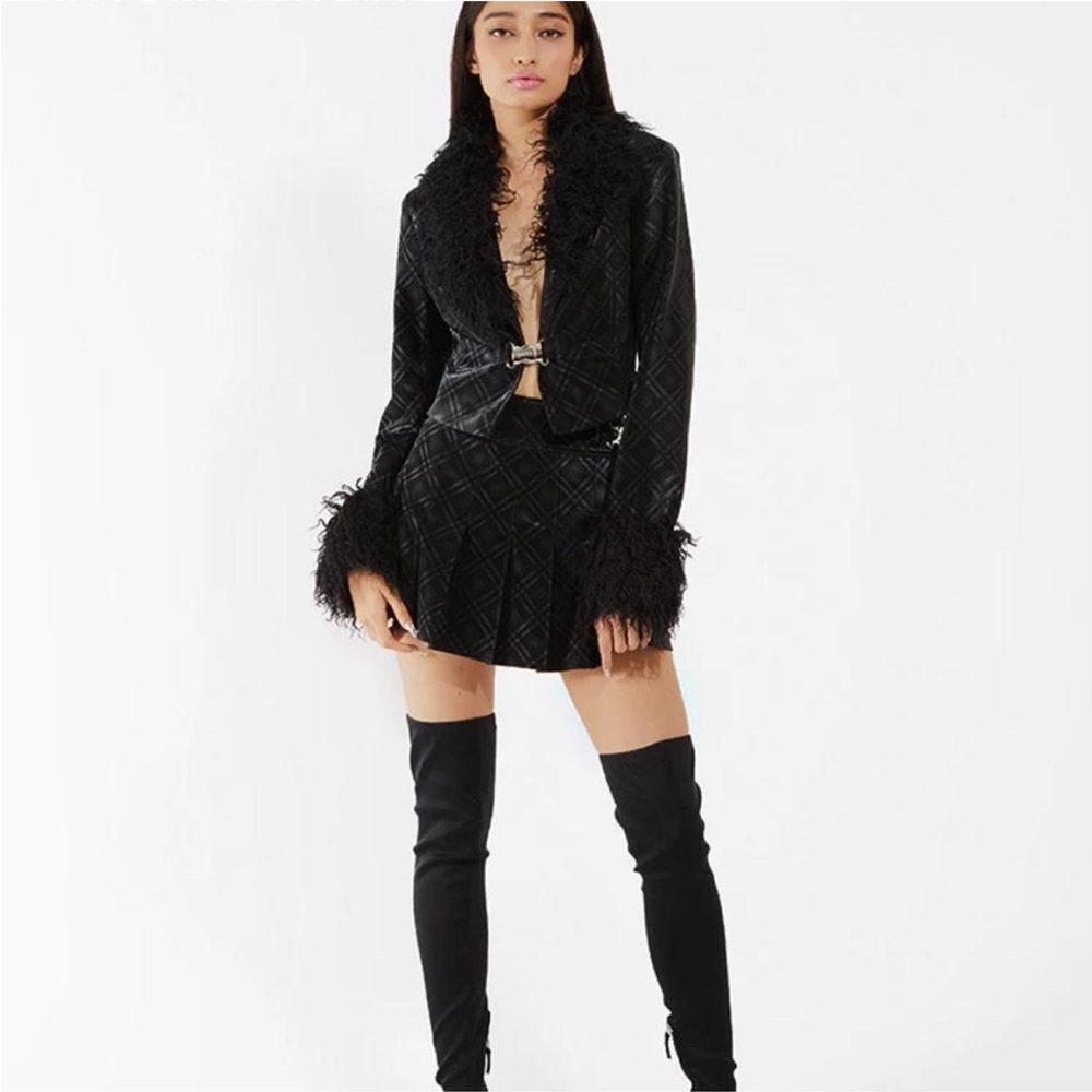 Black Quilted Jacket and Skirt Set with Faux Fur Trim - Picture 2 of 3